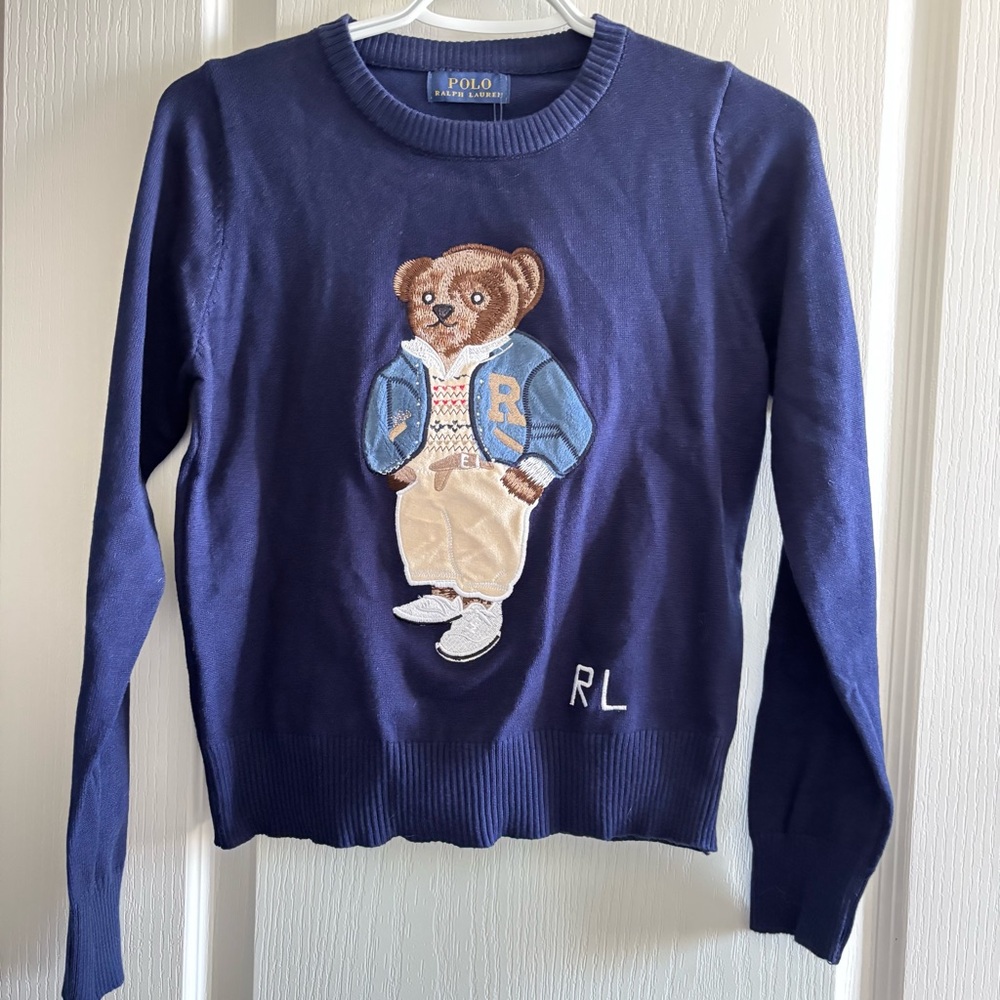 Woman girl Ralph Lauren Navy Crewneck Sweater with Signature Polo Bear XXS